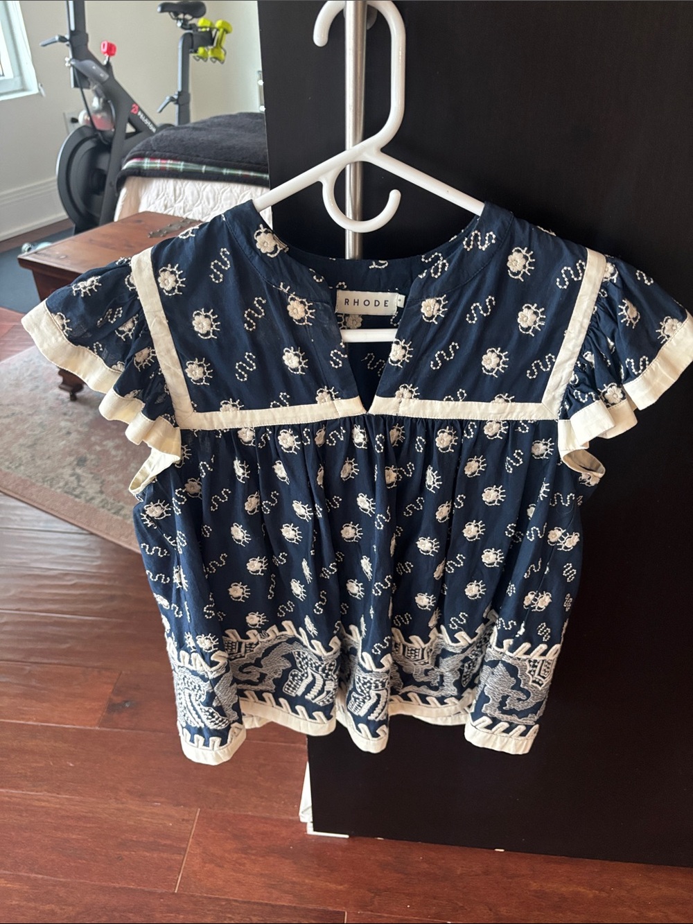 RHODE Navy and White Embroidered Flutter-Sleeve Blouse